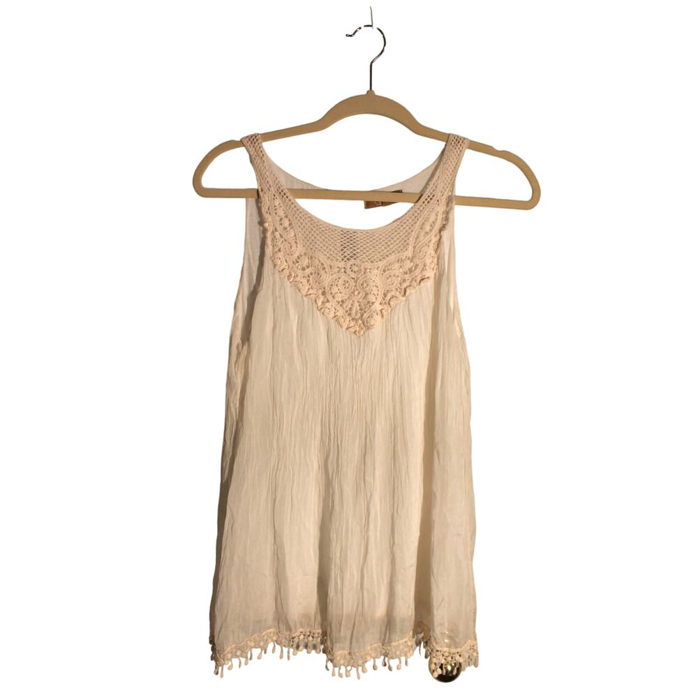 Carla Conti Lined White Silk Shell w/ Baby Pink Crocheted Lace sz M